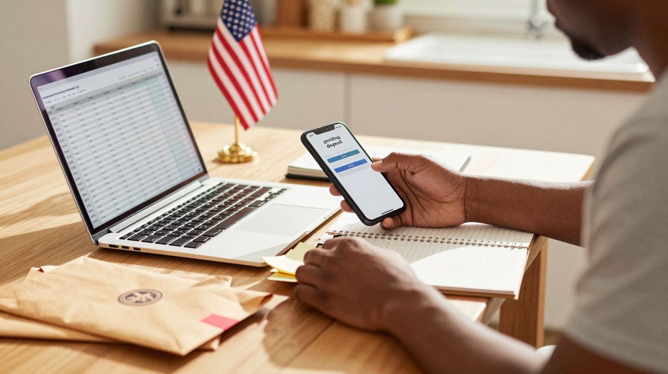 Persoană folosind un telefon și un laptop pe un birou cu steguleț american, documente și caiet deschis.