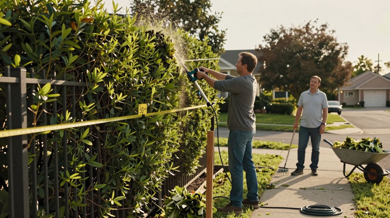 Bărbat tăind gard viu cu unelte electrice, pe trotuar, în timp ce alt bărbat privește. Roabă și greblă în apropiere.