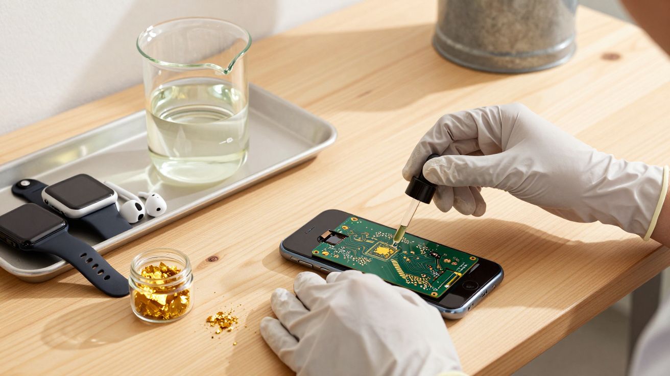 Persoană reparând un telefon mobil cu cipurilor electronice și aur, lângă un ceas inteligent și AirPods pe masă.