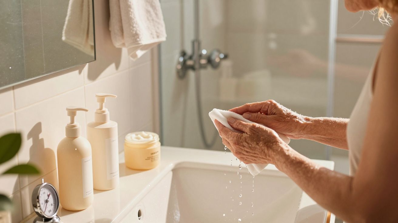 O persoană usucă un prosop alb lângă un lavoar în baie, cu produse de îngrijire pe marginea chiuvetei.