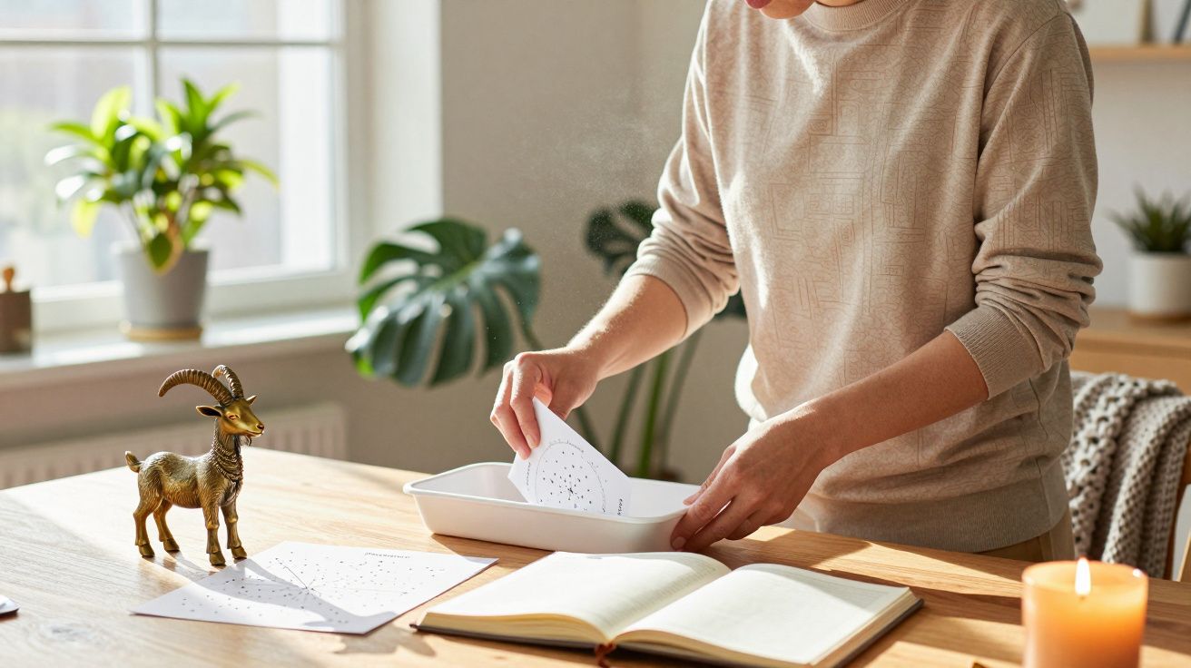 O persoană așază hârtie într-o tavă pe o masă de lemn, lângă o carte deschisă și o lumânare aprinsă.