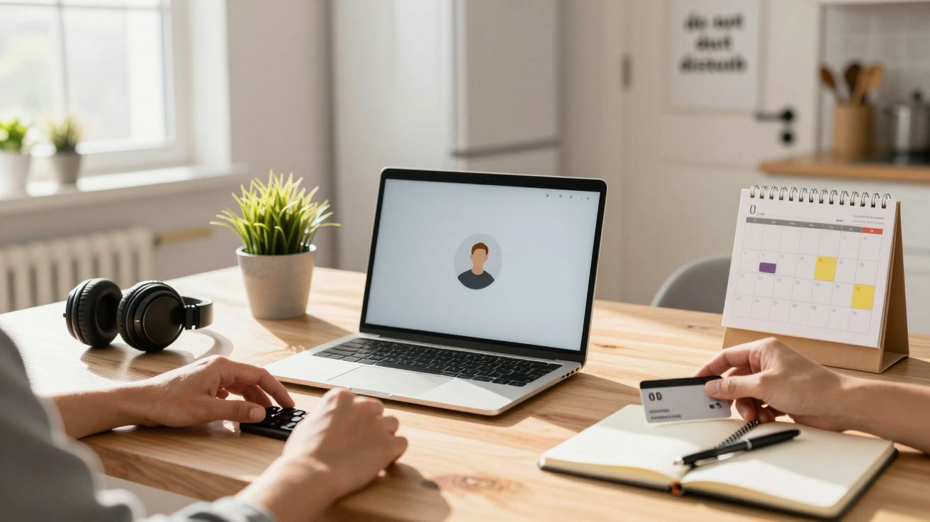 Două persoane lucrează la un birou, cu un laptop, căști, card bancar și calendar pe masă.