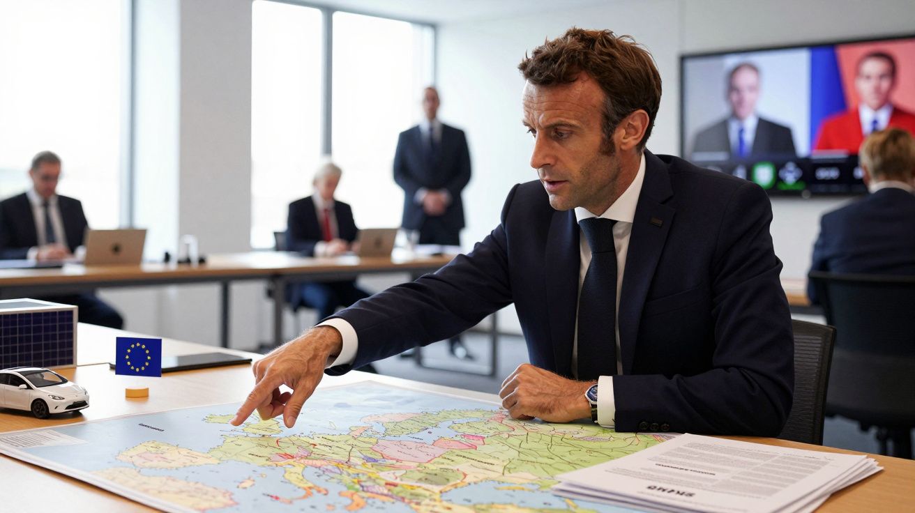 Un bărbat la costum indică pe o hartă într-o sală de ședințe modernă. În fundal, alte persoane la birouri.