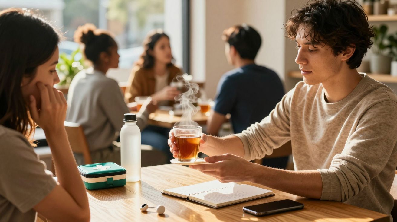 Tineri discutând la o cafenea, bărbat servind ceai fierbinte, caiet și telefon pe masă.