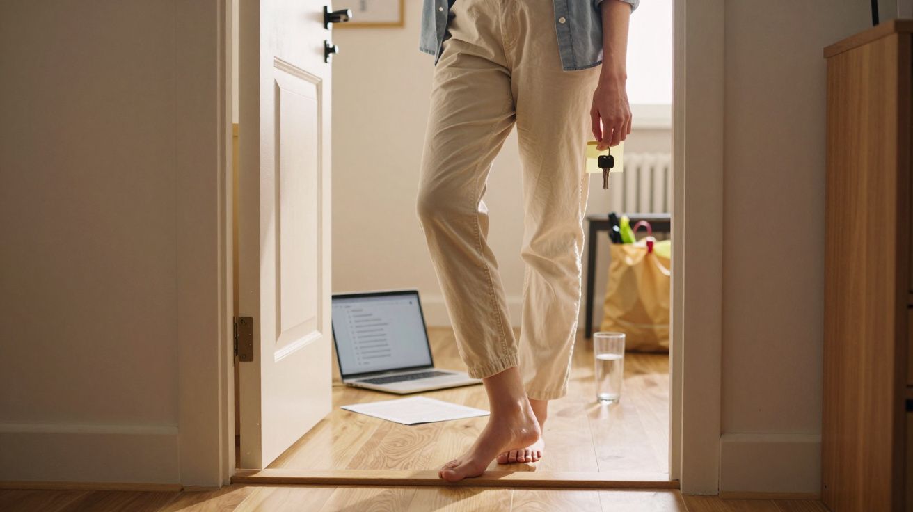 Persoană desculță intrând într-o cameră, cu laptop, pahar de apă și chei în mână, pe fundalul unui birou acasă.