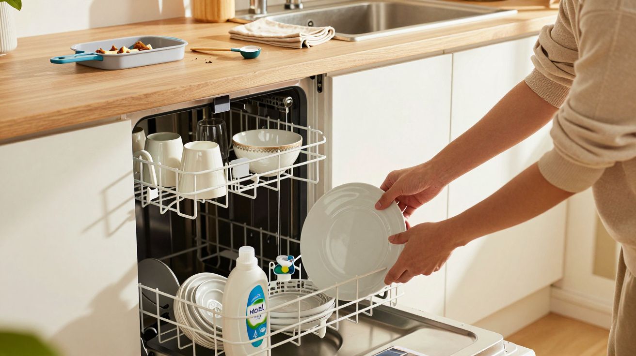 Persoană care încarcă vase într-o mașină de spălat vase într-o bucătărie modernă, cu un blat de lemn.