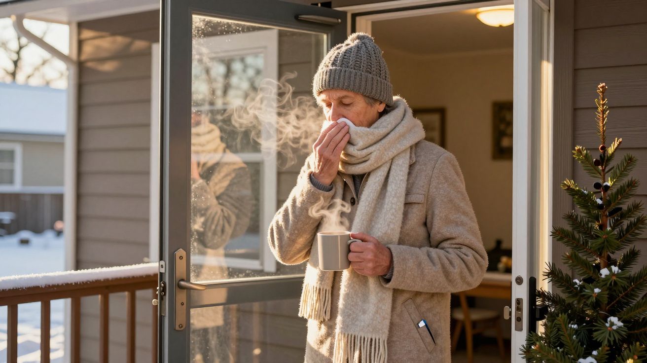 Persoană în vârstă pe terasă, îmbrăcată gros, bea ceai fierbinte și își șterge nasul cu un șervețel.