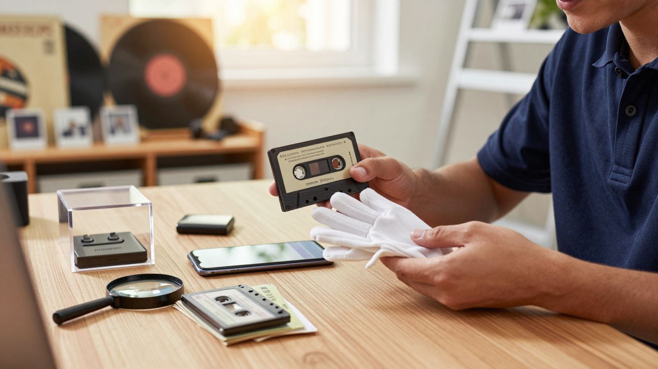 Persoană ținând o casetă audio cu mănuși albe, pe o masă cu telefon, lupă și discuri de vinil în fundal.