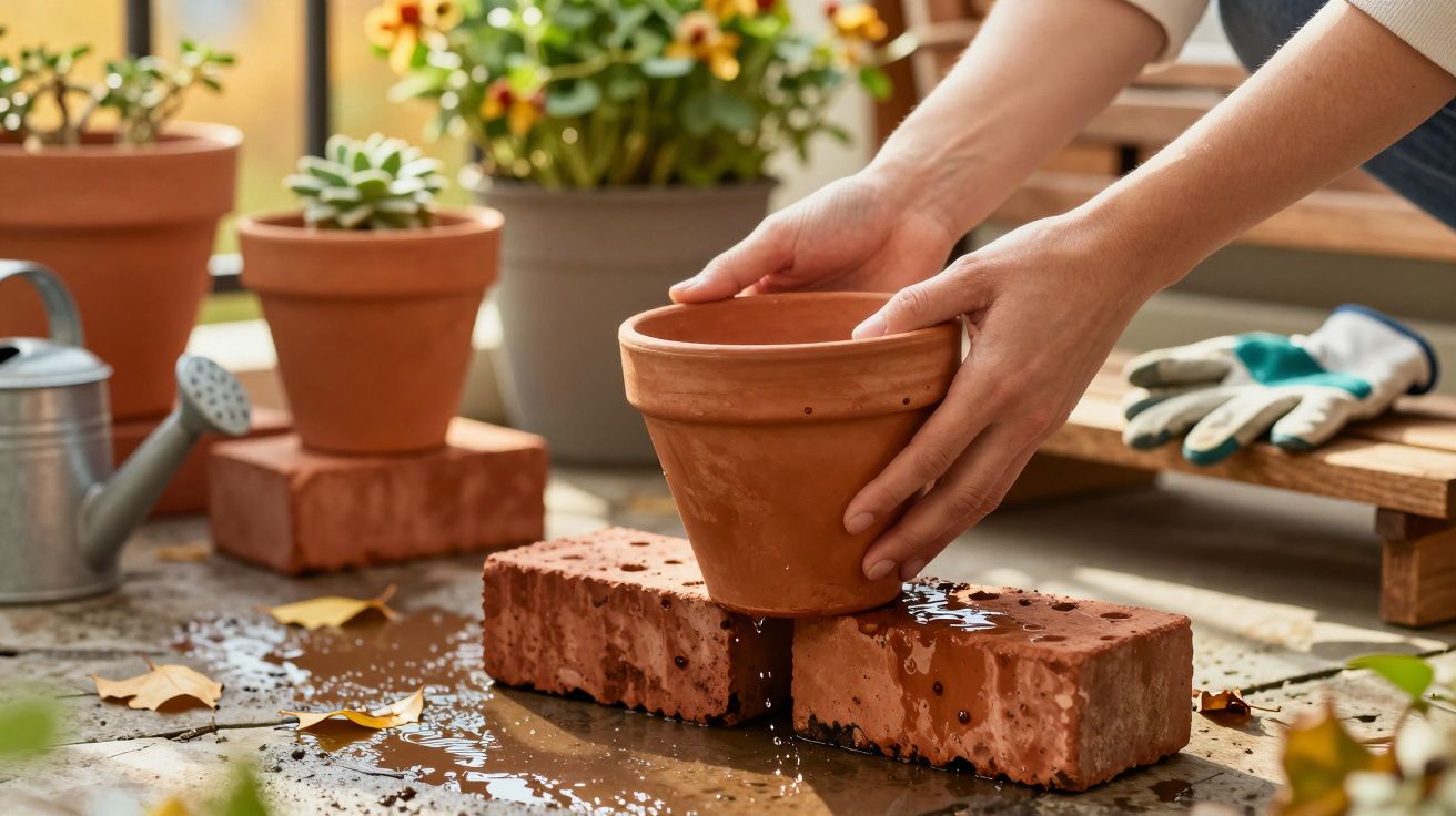Mâini așezând un ghiveci de lut pe două cărămizi ude, lângă un vas de udat și flori în fundal.