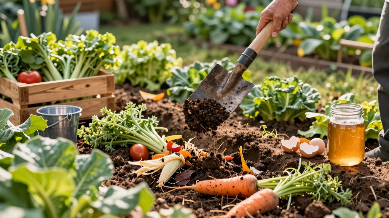 O mână toarnă compost într-o grădină de legume proaspete, cu morcovi și un borcan de miere alături.