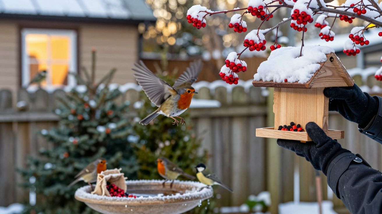 Păsări mâncând dintr-o căsuță de hrană într-o grădină de iarnă acoperită de zăpadă, cu un pom cu fructe roșii.