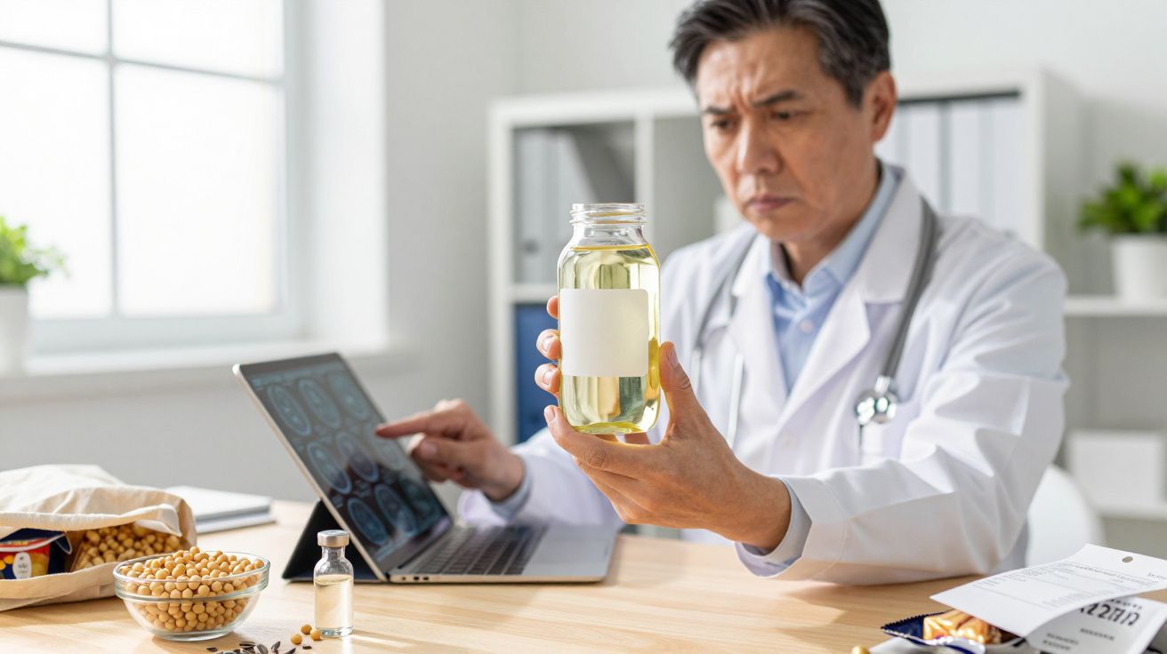 Doctorul examinează un borcan cu lichid galben într-un birou, având un laptop și alimente pe masă.