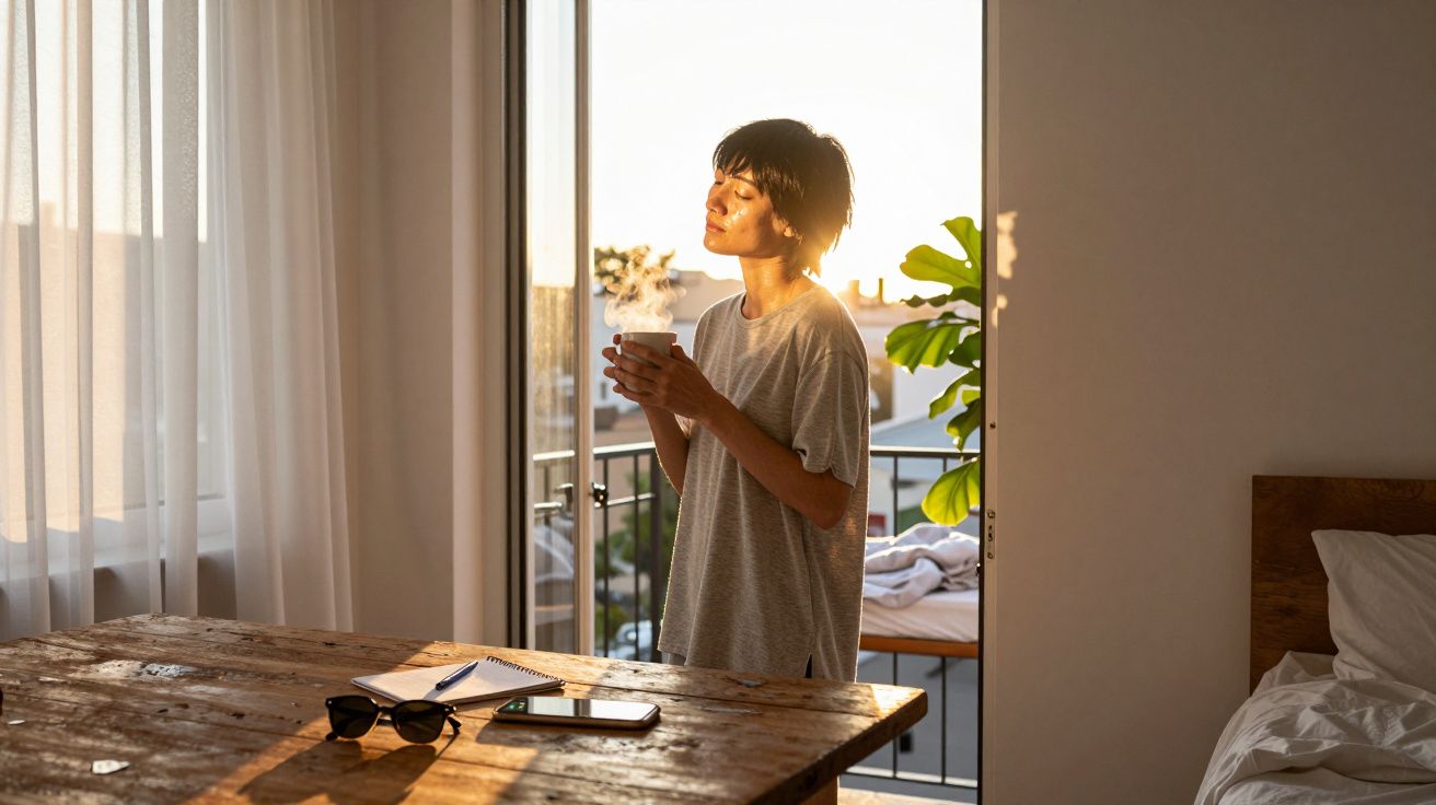 Femeie savurând o băutură caldă în lumina dimineții, lângă o fereastră deschisă, într-un dormitor luminos.