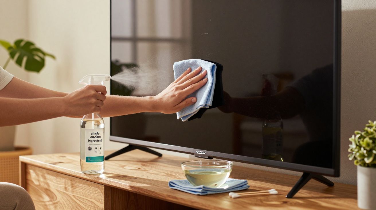 Persoană curăță un ecran TV cu o cârpă albastră și soluție de curățat, pe o masă de lemn lângă o plantă verde.