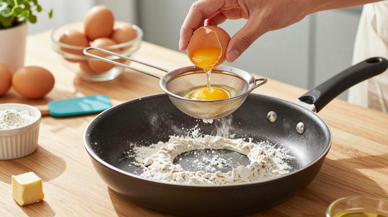 O mână sparge un ou deasupra unei site, peste o tigaie cu făină, pe un blat de lemn.