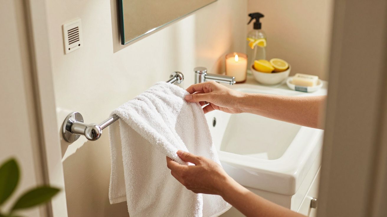 Persoană așezând un prosop alb pe suport într-o baie decorată simplu, cu lămâi și lumânare parfumată pe chiuvetă.