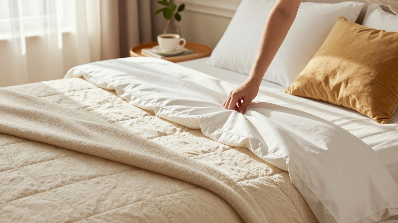 Mână aranjând lenjeria de pat albă pe un pat, cu perne bej și o ceașcă de cafea pe noptieră.