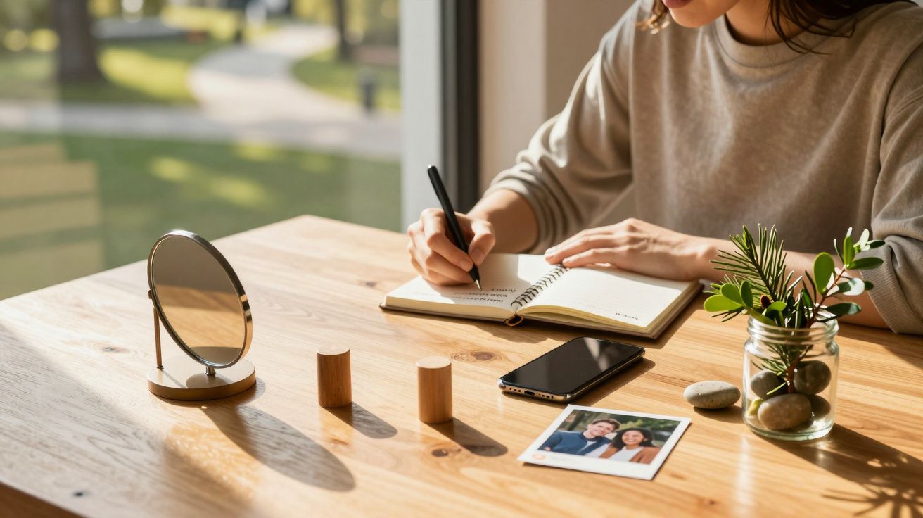 Persoană scriind într-un jurnal la o masă de lemn, cu un telefon, oglindă mică și plantă suculentă alături.