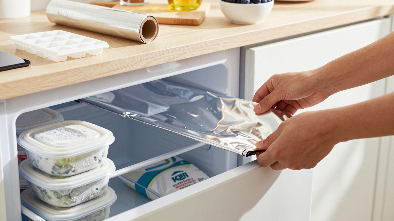 Persoană punând folie de aluminiu în congelator, lângă cutii de plastic și tavă de gheață pe bucătărie.