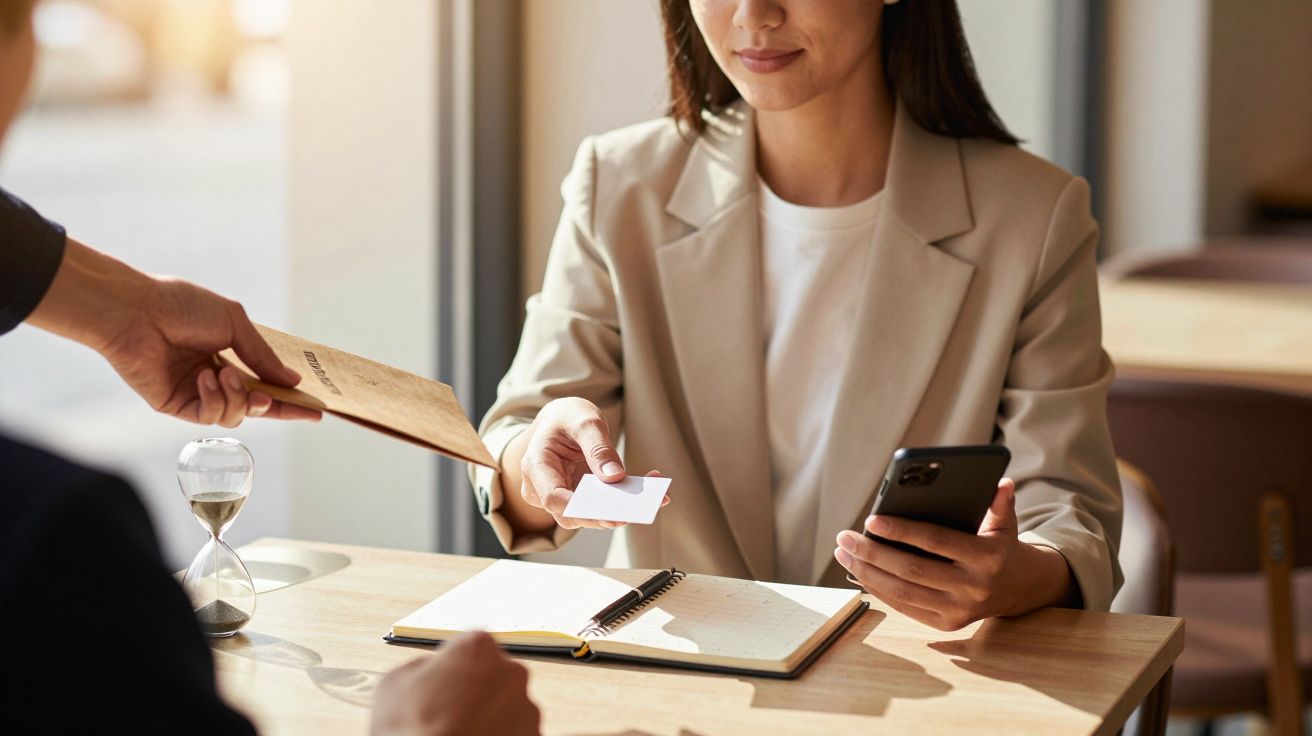Femeie primind o carte de vizită, ținând un telefon, într-o cafenea, lângă orar și clepsidră.