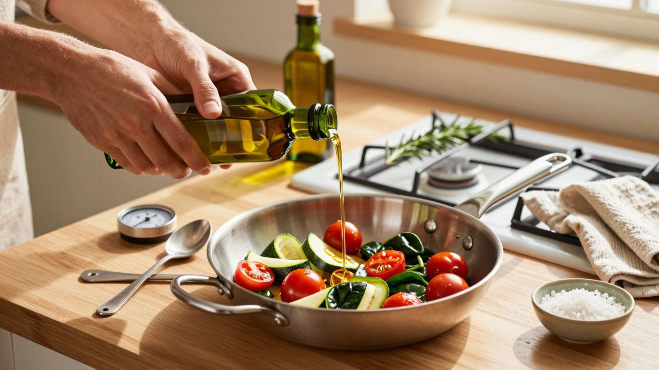 Persoană turnând ulei de măsline peste legume proaspete într-o tigaie pe aragaz, bucătărie luminoasă.