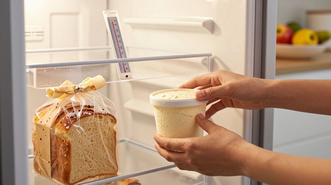 Mâini așezând un recipient alb de înghețată pe un raft de frigider lângă o pâine ambalată.