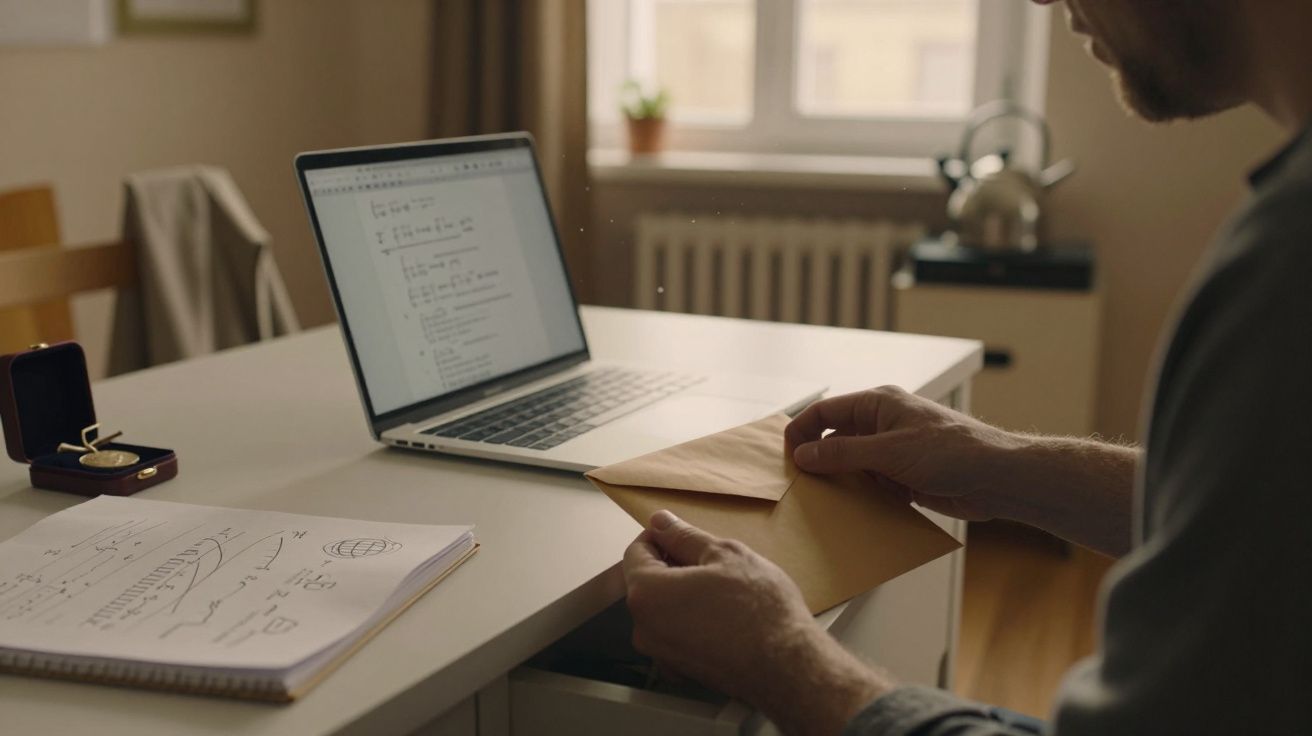 Bărbat ținând un plic maro la birou, cu un laptop deschis și o cutie de inel pe masă.