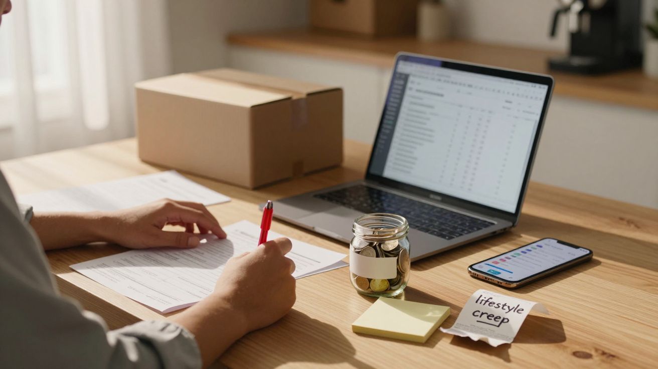 Persoană scriind pe birou, cu laptop, telefon, blocnotes și borcan cu monede, cutie ambalată pe fundal.