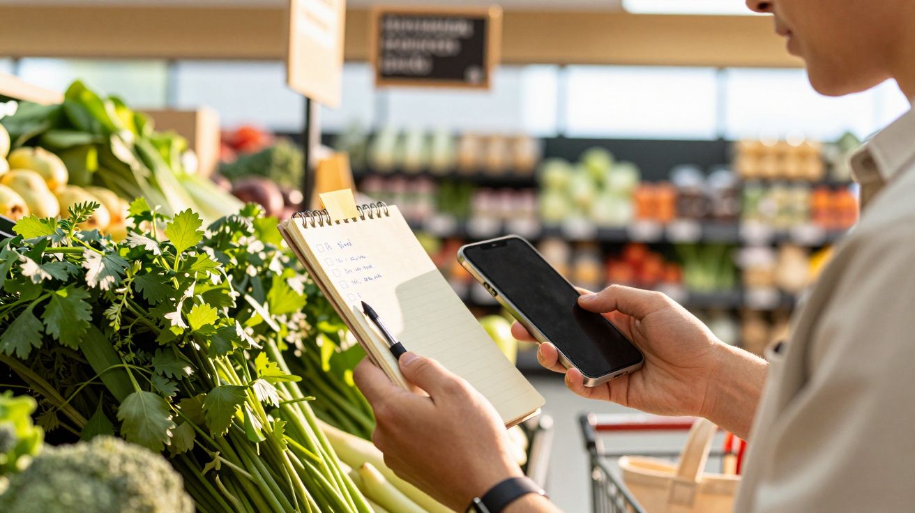 Persoană verificând o listă de cumpărături pe telefon și carnețel, lângă o secțiune de legume proaspete în magazin.