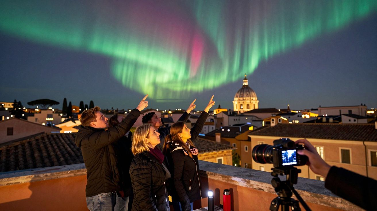 Patru persoane pe un acoperiș admirând aura boreală deasupra unui oraș noaptea.