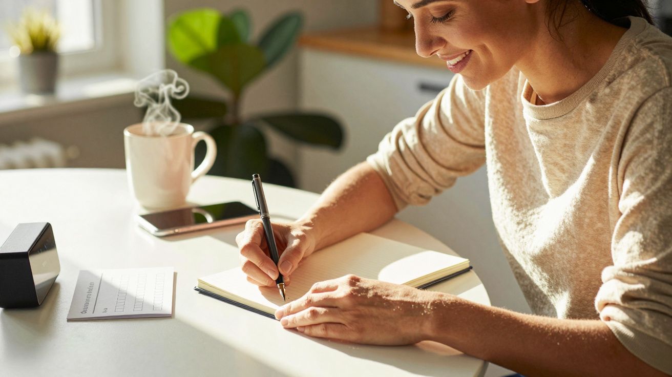 Femeie zâmbitoare scrie într-un carnețel, cu o ceașcă de ceai aburind și un telefon pe masă.