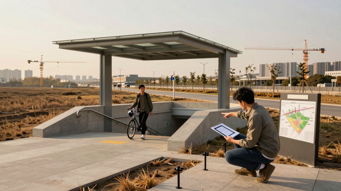 Două persoane lângă o intrare la metrou, una pe bicicletă, cealaltă consultând o tabletă și harta din apropiere.