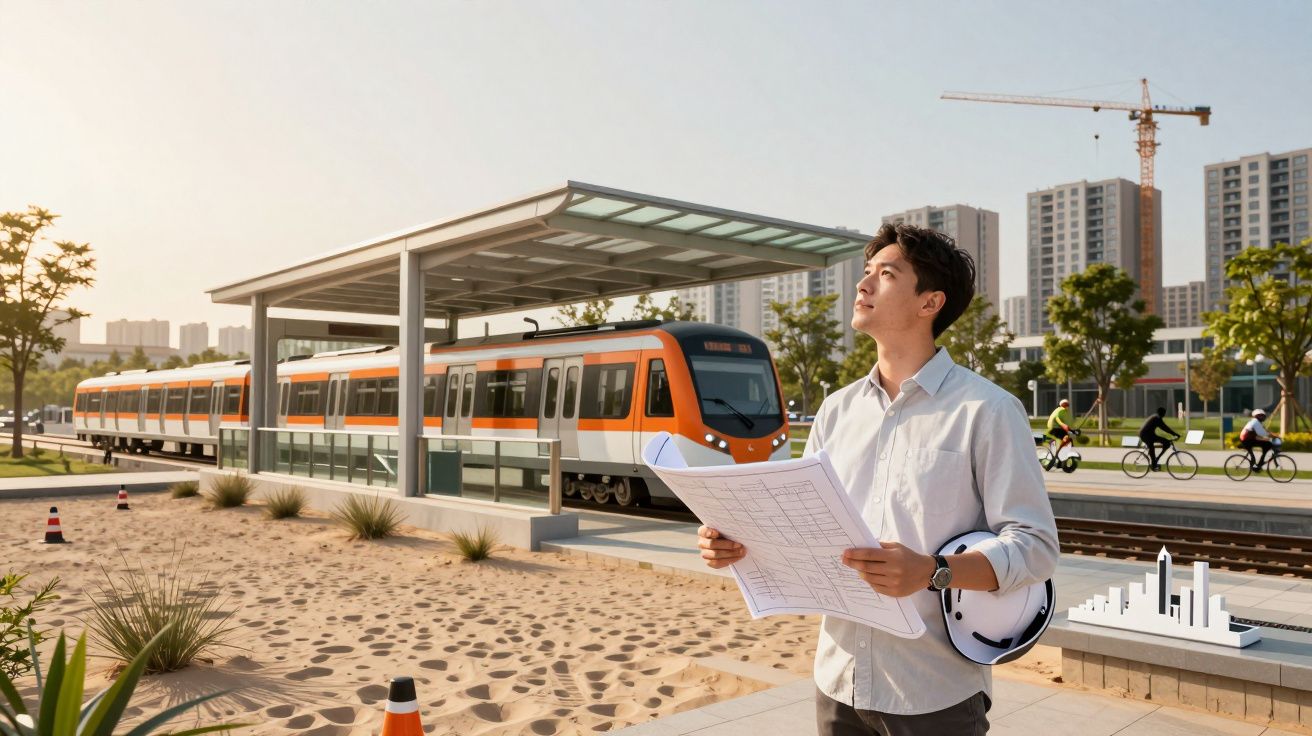 Un bărbat ține planuri de construcție lângă un tren modern la o stație, într-un oraș cu clădiri și oameni pe biciclete.