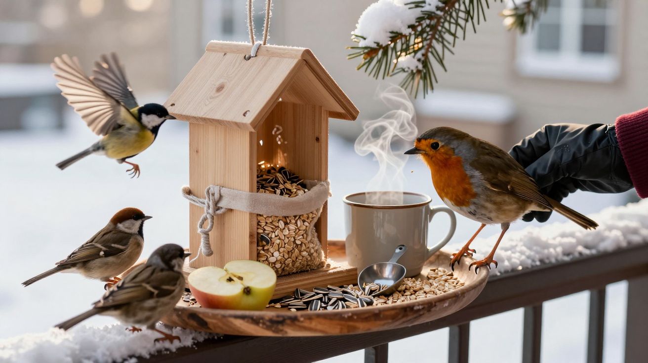 Păsări lângă o căsuță de hrană și o ceașcă de ceai fierbinte pe o tavă, înconjurate de zăpadă.