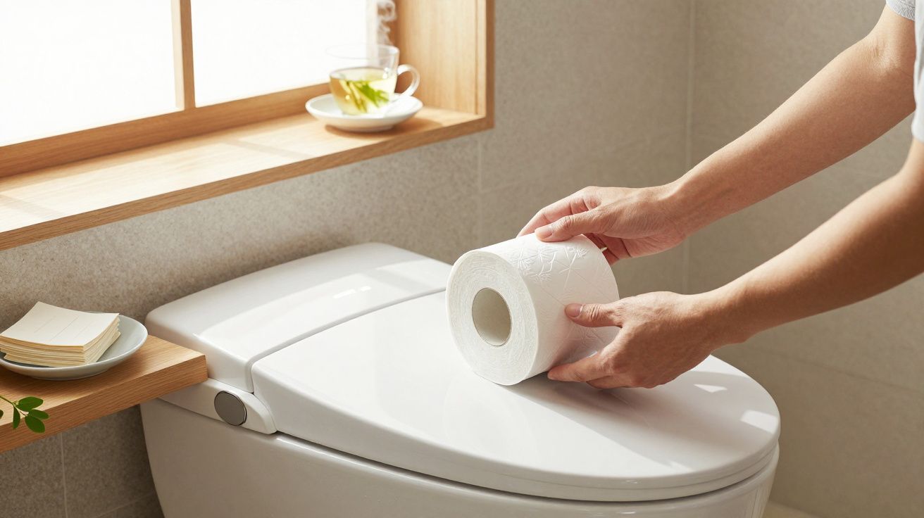 Persoană punând hârtie igienică pe capacul toaletei într-o baie elegantă, cu fereastră și plantă verde.