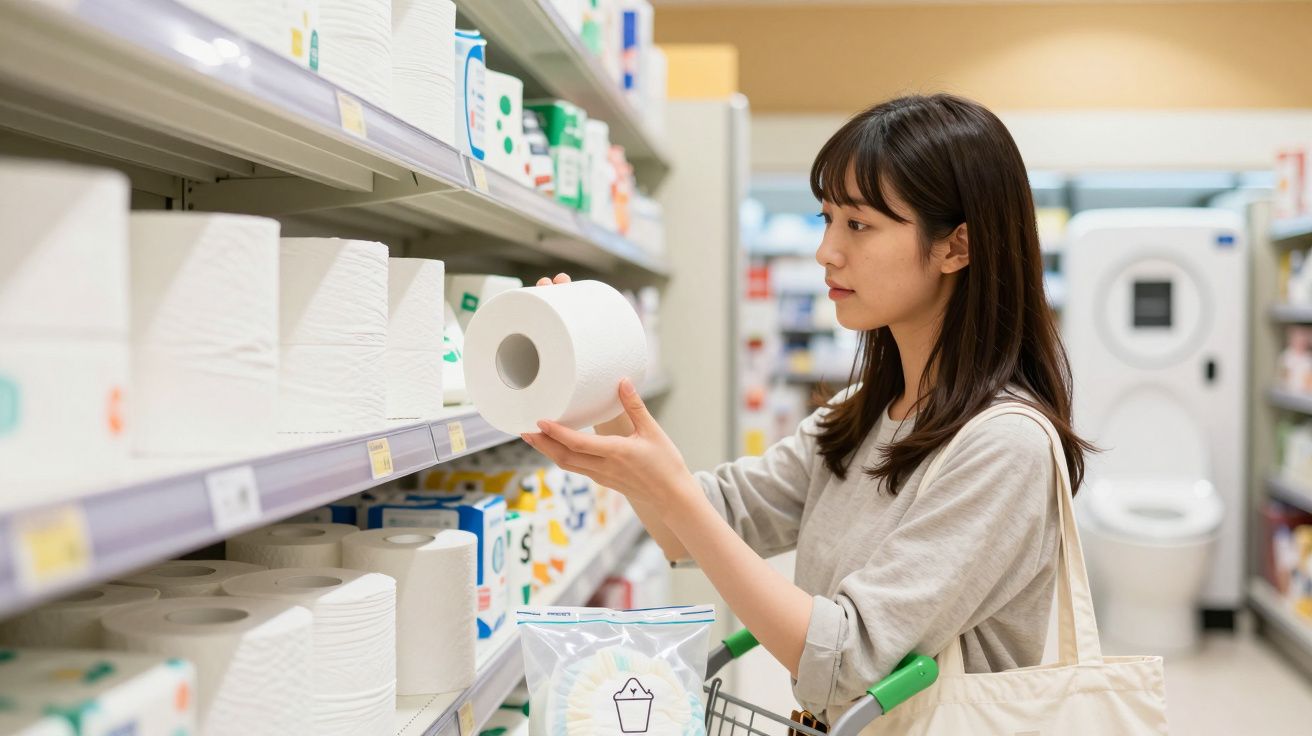 Femeie în magazin, ținând o rolă de hârtie igienică, în fața unui raft cu produse similare.