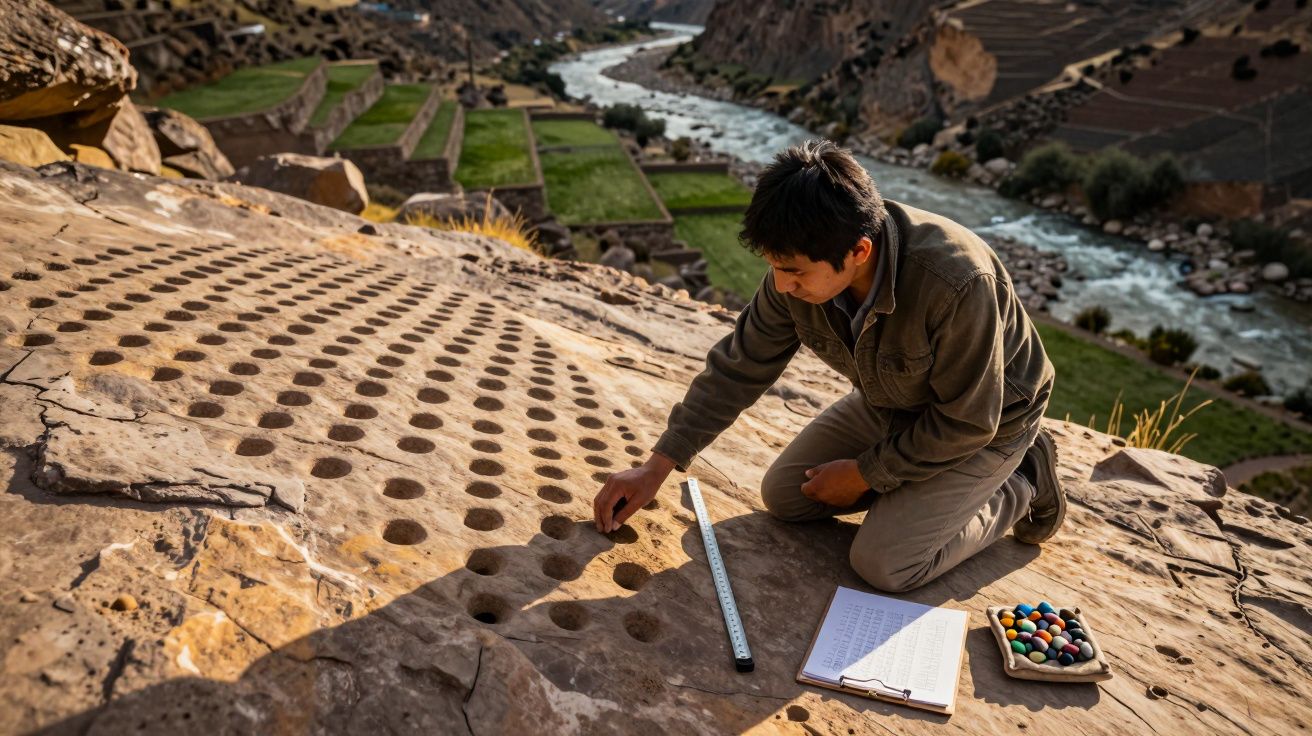 Un bărbat studiază găuri săpate în stâncă, lângă un râu și terase agricole, cu instrumente și notițe alături.