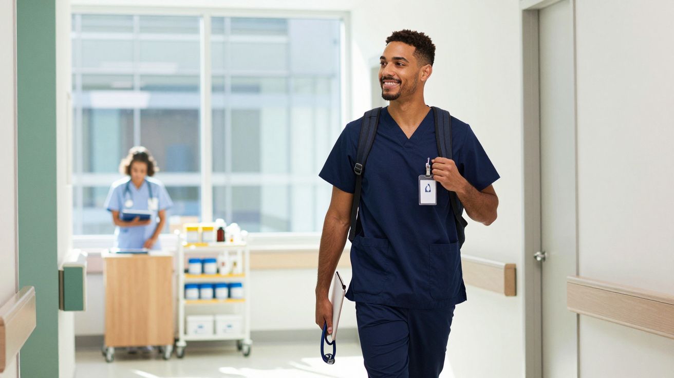 Bărbat în uniformă medicală albastră, zâmbind, mergând pe un coridor de spital, cu un rucsac și stetoscop.