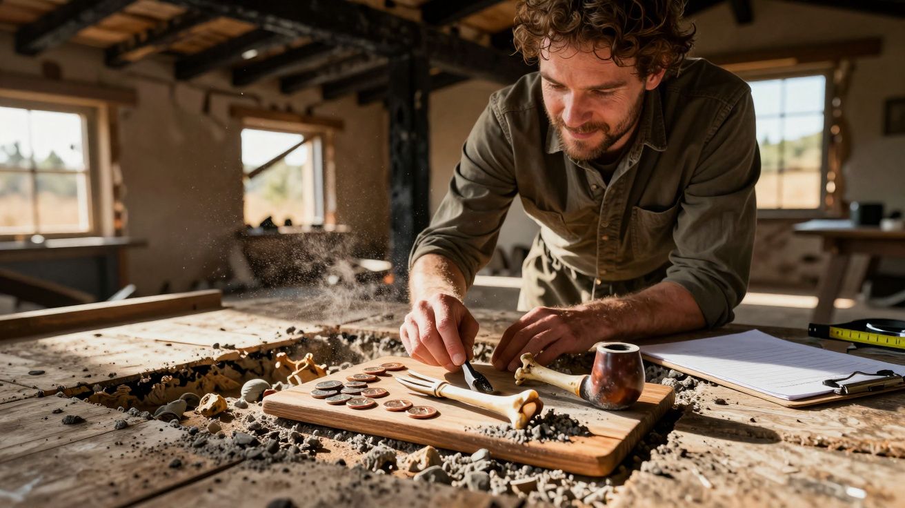 Un bărbat examinează artefacte de epocă pe o masă de lemn într-un atelier iluminat natural.
