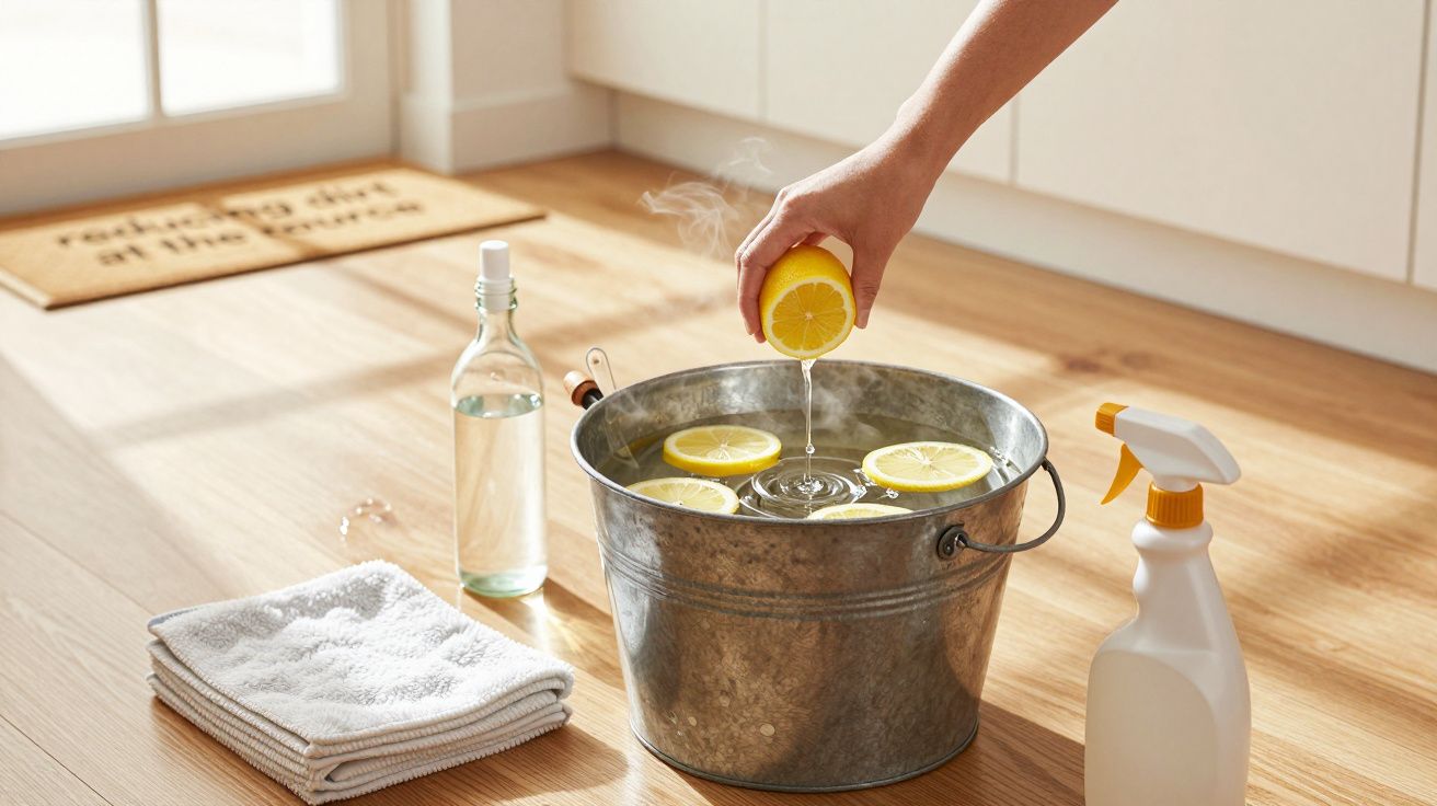 Mâna stoarce jumătate de lămâie într-o găleată cu apă, lămâi feliate, sticlă și spray curățenie pe podea.