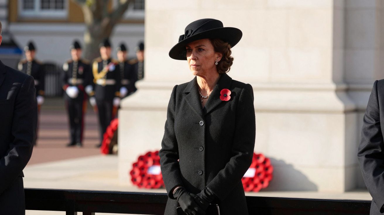 Femeie îmbrăcată în negru, purtând pălărie, la o ceremonie comemorativă cu coroane de maci roșii în fundal.