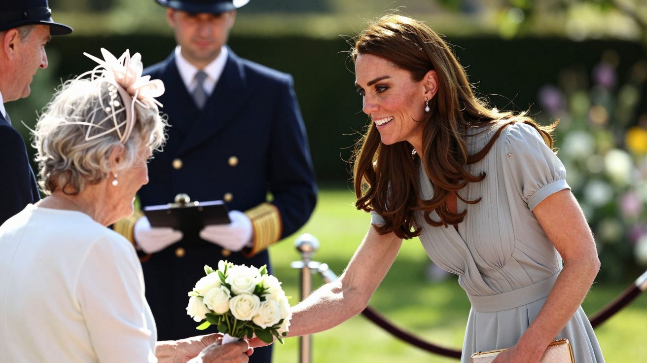 Femeie zâmbitoare oferind un buchet de flori unei doamne în vârstă, cu doi bărbați în uniforme în fundal.