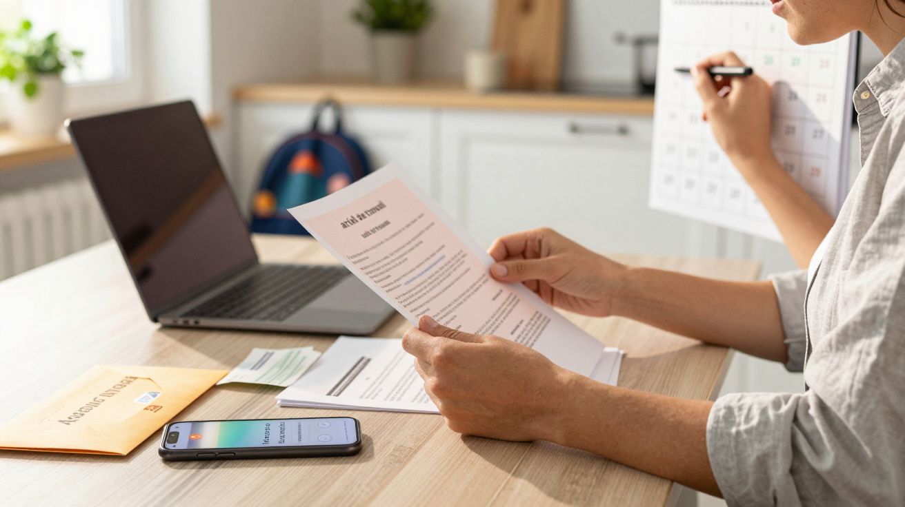Persoană lucrând la birou, revizuind documente, cu laptop și telefon pe masă, planificând într-un calendar.
