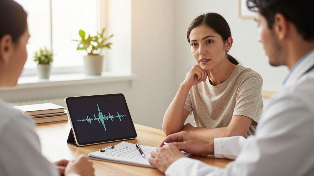 Femeie discutând cu doi medici la o masă, cu un grafic pe o tabletă în fundal.