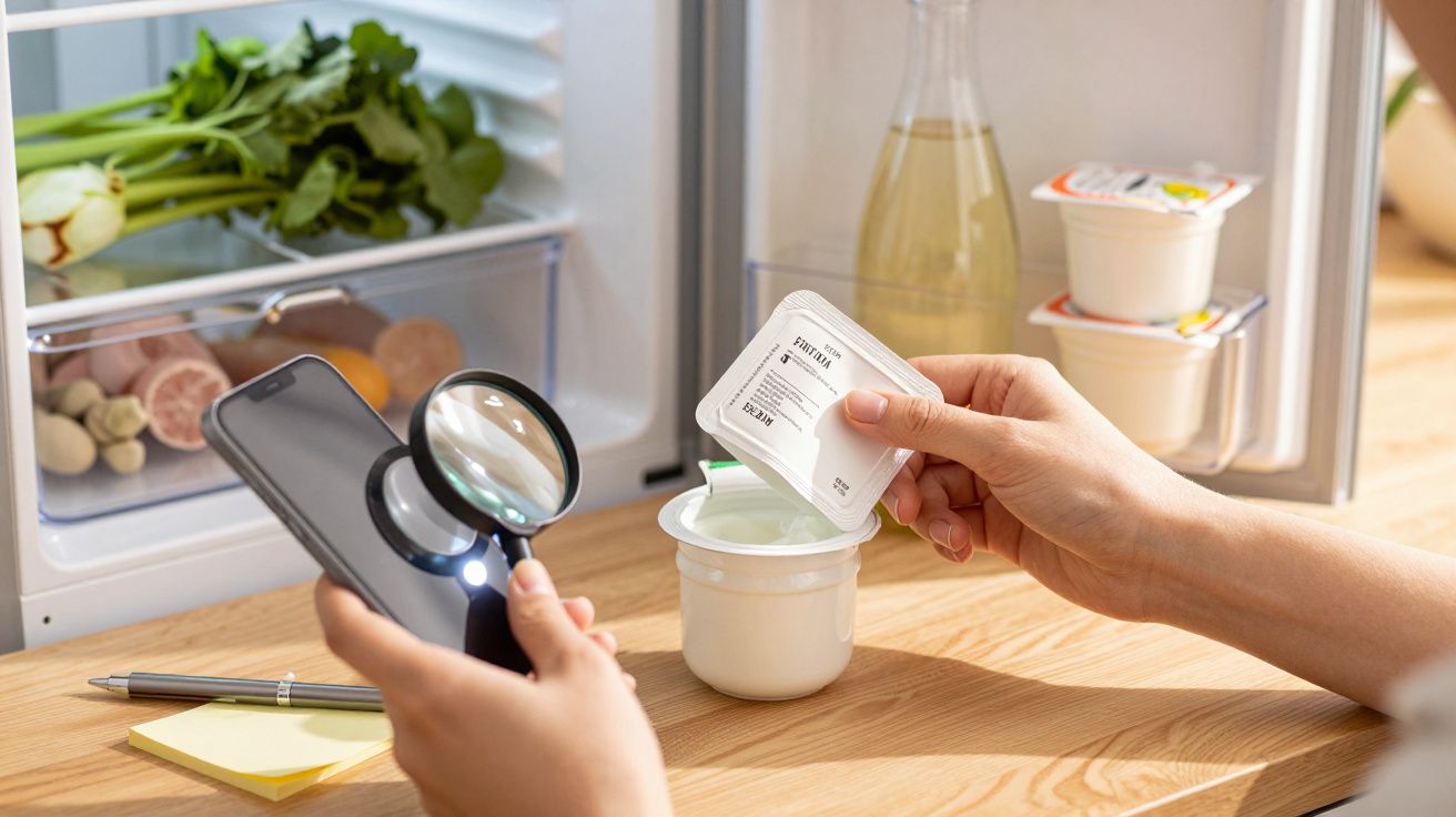 Persoană verificând termenul de valabilitate al unui iaurt cu o lupă și telefon, în fața unui frigider deschis.