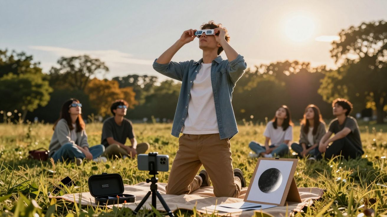 Un grup de tineri urmăresc cerul cu ochelari speciali, în timpul zilei, pe un câmp, cu echipamente de observare.