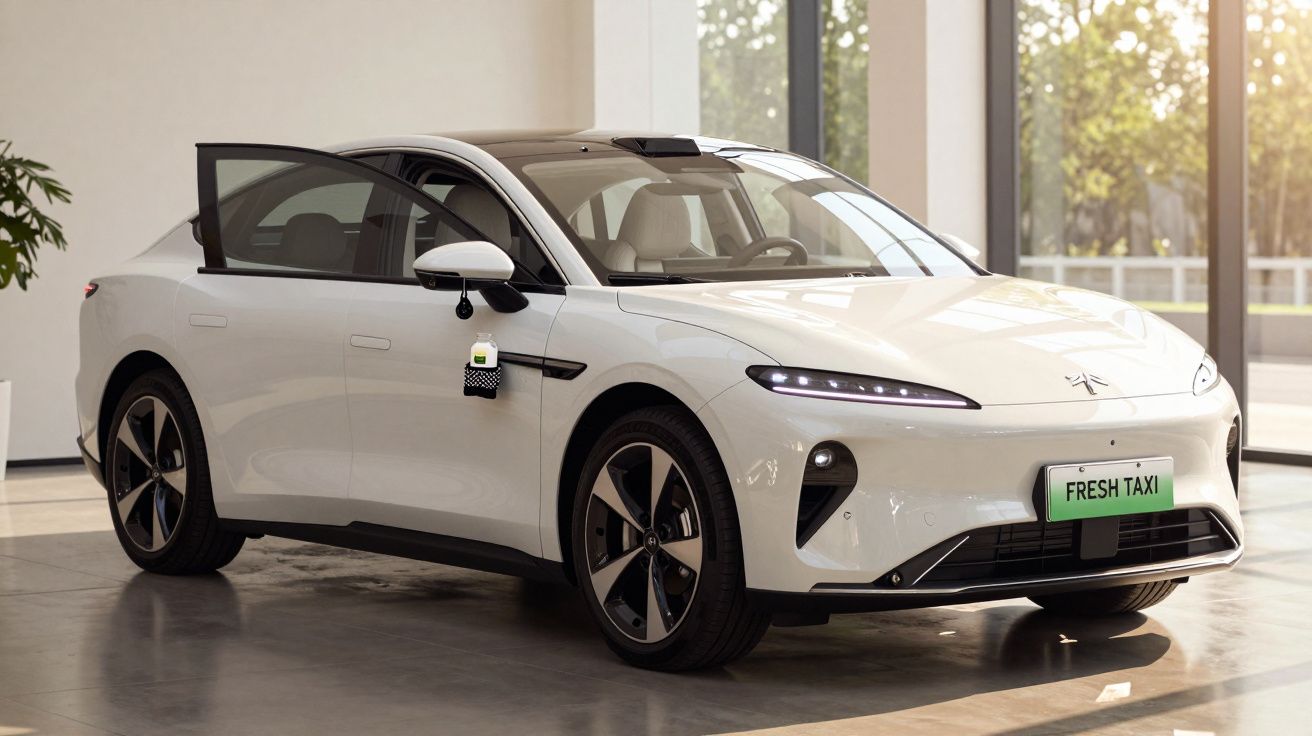 Mașină electrică albă în interior, cu ușa șoferului deschisă, placă de înmatriculare "Fresh Taxi".