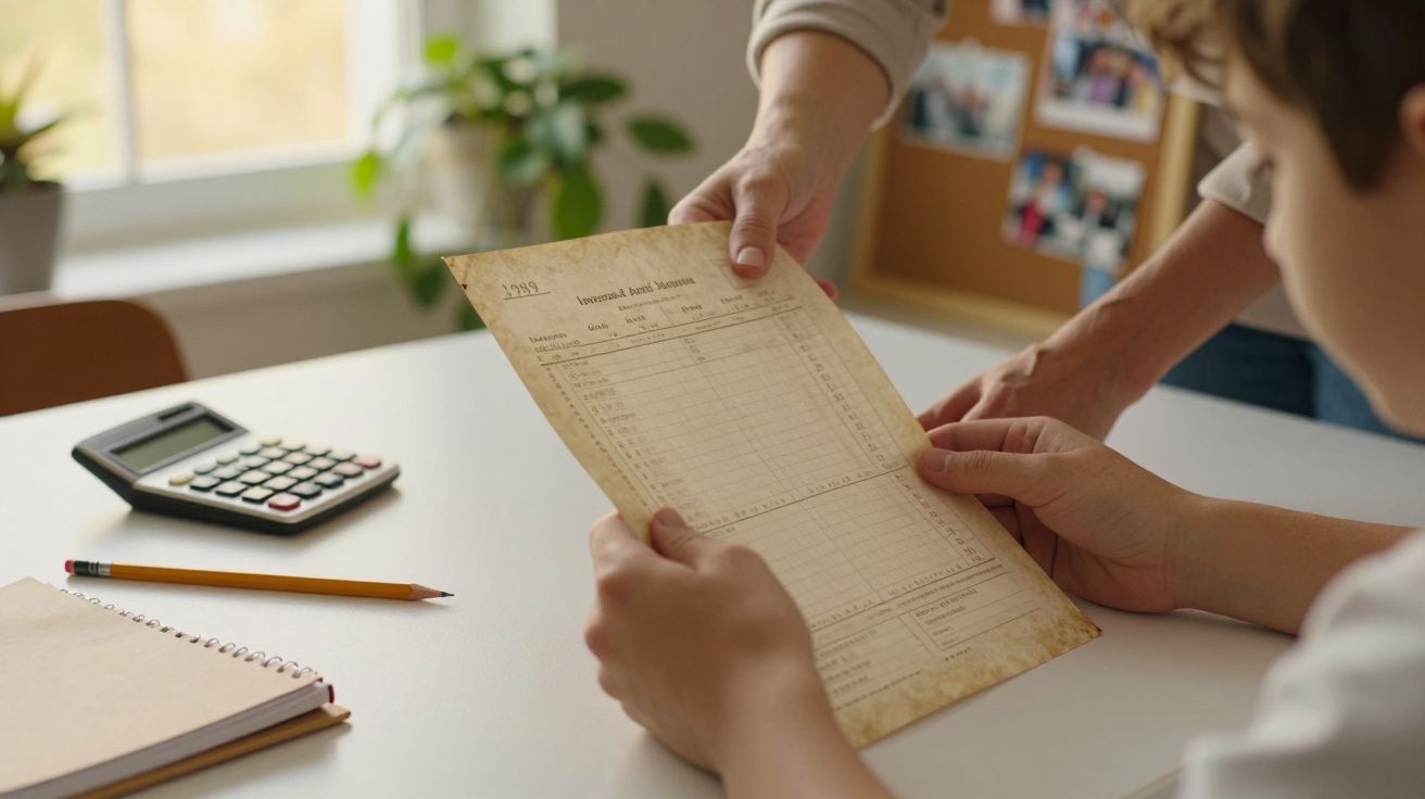 Două persoane țin un document al școlii pe o masă albă, alături de un calculator, creion și carnețel.