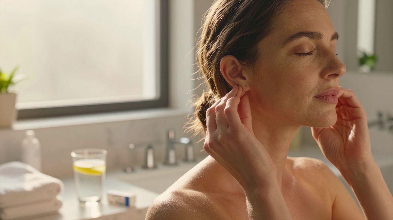 Femeie relaxată în baie, atingându-și fața. Pe fundal, un pahar cu apă cu lămâie pe chiuvetă.