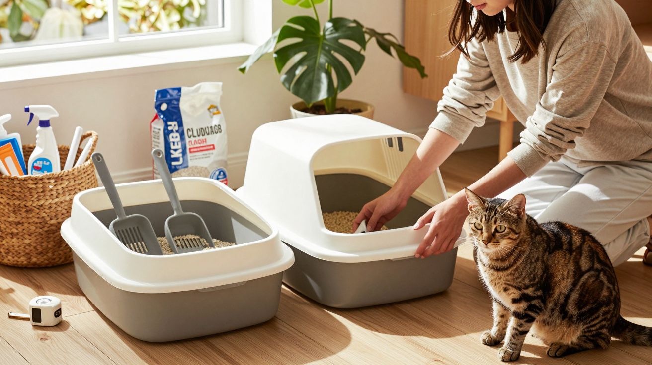 Femeie aranjează litiere pentru pisici, cu o pisică tigrată alături, într-o cameră iluminată natural.